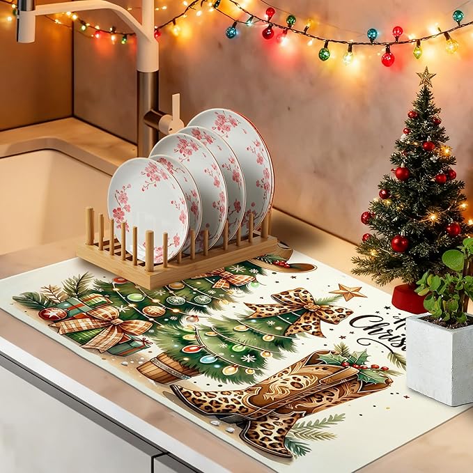 Western Christmas Tree Dish Drying Mat, Leopard Bow Cowgirl Christmas Coffee Bar Mat for Countertops, Holiday Xmas Absorbent Dish Drying Mats for Kitchen Counter Coffee Maker, 16x24 Inch