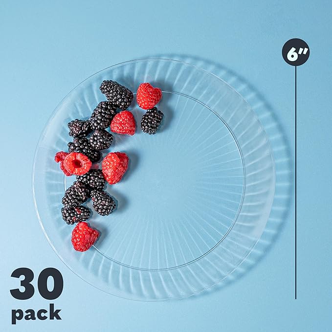 PLASTICPRO 30 Pack Crystal Like Clear Disposable 6 inch Plastic Plates Dinner Dishes Plates for Special Occasions Parties