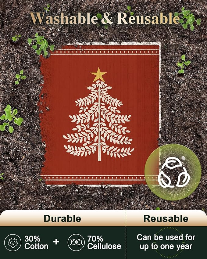 6 Pack Christmas Swedish Dishcloths for Kitchen - Reusable Dish Cloths for Washing Dishes Absorbent Cute Holiday Kitchen Towels Cleaning Sponge, Red Xmas Theme