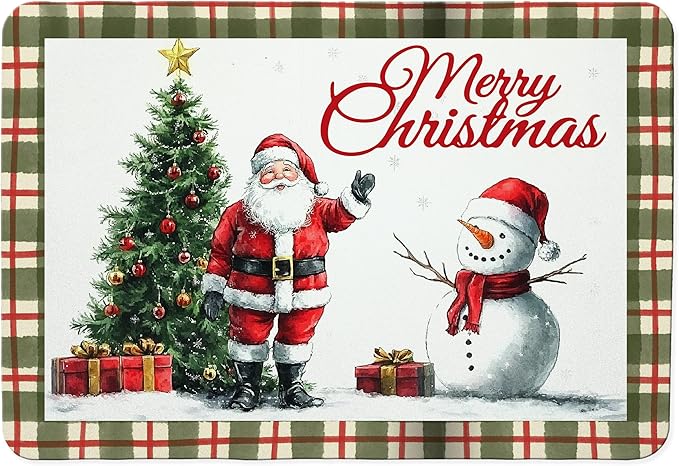 Red and Green Plaid Christmas Dish Drying Mat, Christmas Tree Santa Snowman Coffee Bar Mat for Countertops, Retro Xmas Absorbent Dish Drying Mats for Kitchen Counter Coffee Maker, 16x24 Inch