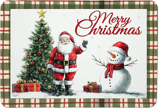 Red and Green Plaid Christmas Dish Drying Mat, Christmas Tree Santa Snowman Coffee Bar Mat for Countertops, Retro Xmas Absorbent Dish Drying Mats for Kitchen Counter Coffee Maker, 16x24 Inch