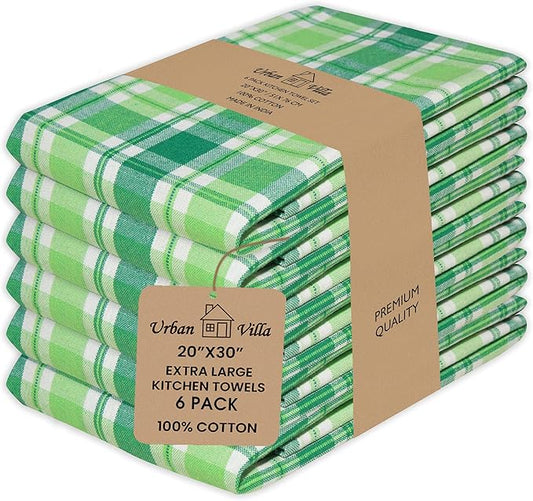 Urban Villa Green Checks Kitchen Towels Set of 6 Buffalo Checks Kitchen Towels 20X30 Inches 100% Cotton Highly Absorbent Kitchen Towels Premium Quality Ultra Soft Mitered Corners Towel