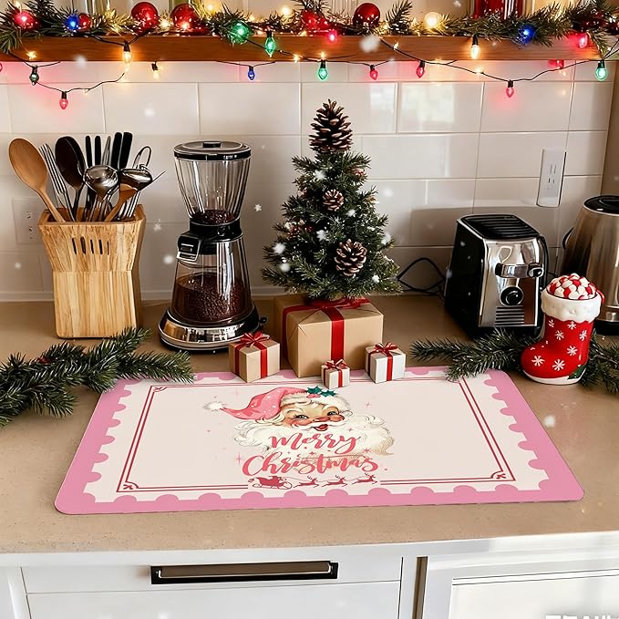 Pink Santa Christmas Dish Drying Mat, Preppy Merry Christmas Coffee Bar Mat for Countertops, Xmas Santa Reindeer Absorbent Dish Drying Mats for Kitchen Counter Coffee Maker, 16x24 Inch