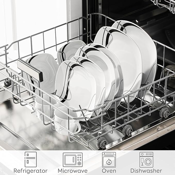 VEWEET, Series Fiona, 30-Piece Dinnerware Sets for 6, White Dishes Set with Black and Gray Stripes, Porcelain Dinner Set Including Dessert Plates, Soup Plates, Dinner Plates, Cups & Saucers