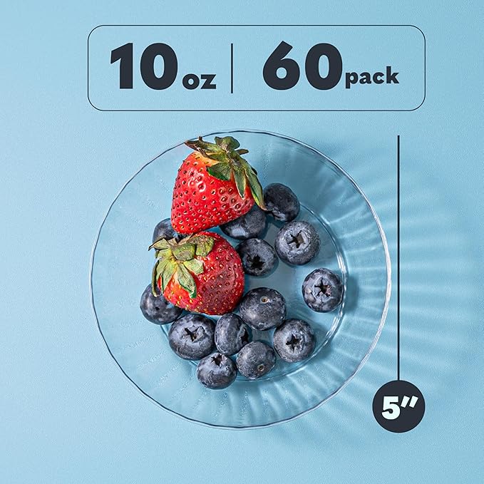 PLASTICPRO 60 Pack Crystal Like Clear Disposable Plastic Plates Dinner Dishes 10 ounce Bowls for Special Occasions Parties