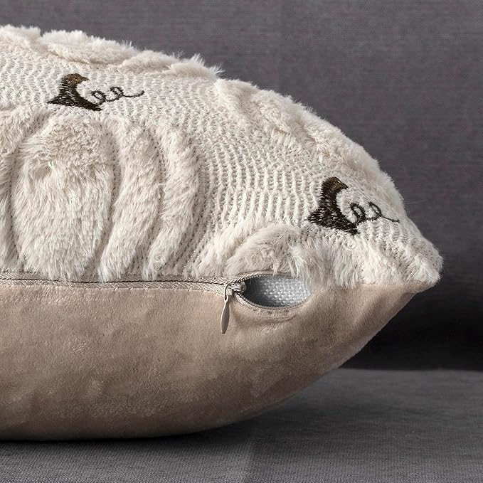 4TH Emotion Fall Pumpkin Decorative Lumbar Pillow Covers 12x20 Set of 2, Beige Soft Plush Faux Fur Wool Farmhouse Throw Cushion Cases for Autumn Thanksgiving Holiday Home Decorations