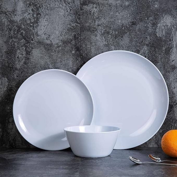 Melamine Dinnerware Set - 12pcs Plates and Bowls Set for 4, Indoor and Outdoor Use, Dishwasher Safe, Lightweight,White