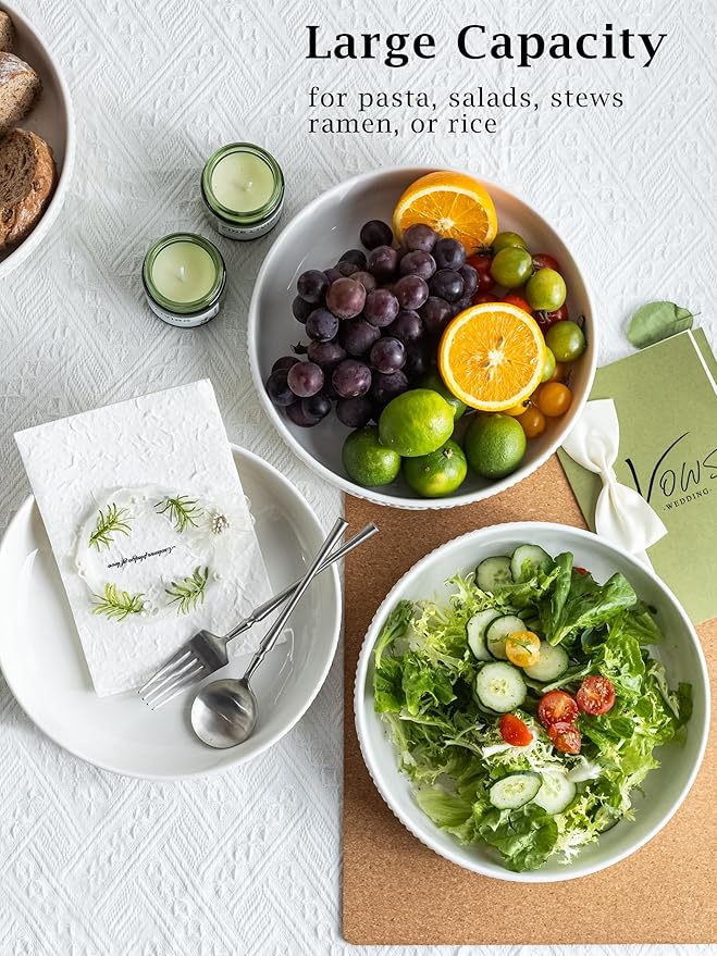 YHOSSEUN Ceramic Pasta Bowls Set of 4, 50 OZ Large Salad Serving Bowl, 9.75" Pasta Plates Shallow Bowl Plate, Microwave Dishwasher Safe, Embossed Morning Glory