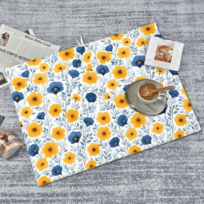 Blue Yellow Floral Dish Drying Mats for Kitchen Counter, Absorbent Microfiber Drying Pad for Dishes, Decorative Kitchen Mat for Sink & Dining Area, Washable Foldable Reversible, Home Decor, 18" x 24"