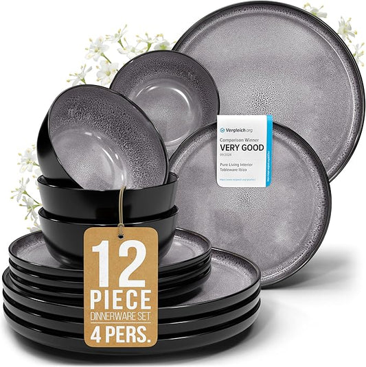 Stoneware dinnerware set 4 persons 12 pcs - Dishwasher, microwave and scratch resistant - Bowl and plate set 4 persons modern - Dinner service Pure Living black in gray…