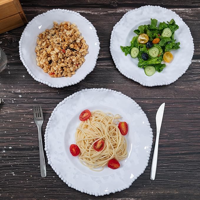 12-Piece White Beaded Melamine Dinnerware Sets – Chip-Resistant Plates & Bowls, Farmhouse Dining Set includes 4 dinner, 4 Salad and 4 Bowl – Ideal for RV, Cabin, Daily Use