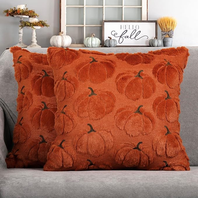 4TH Emotion Fall Pumpkins Decorative Pillow Covers 16x16 Set of 2, Dark Rust Red Soft Plush Faux Fur Wool Farmhouse Throw Cushion Cases for Autumn Thanksgiving Holiday Home Decorations