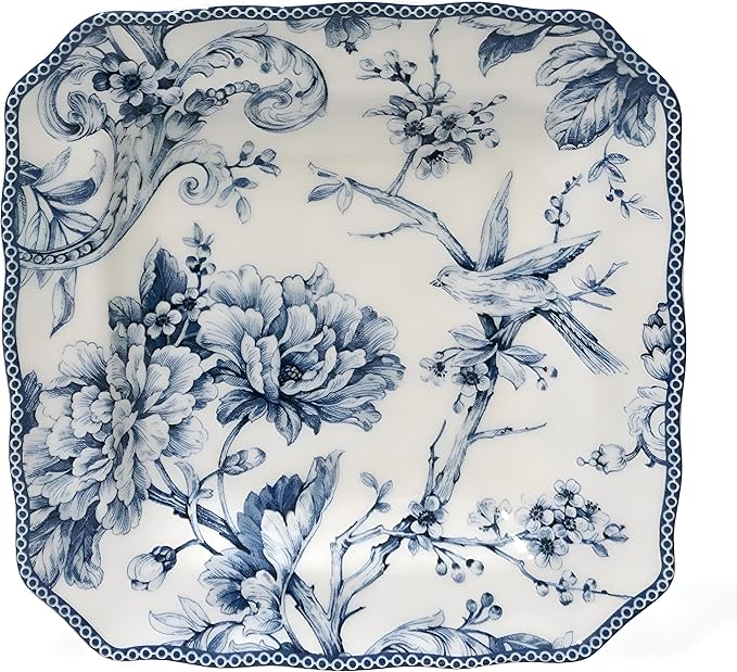 222 Fifth Adelaide 16-Piece Square Floral Dinnerware Set – Service for 4, Blue & White Porcelain Plates & Bowls, for Everyday Dining & Entertainment, Microwave & Dishwasher Safe, Chip Resistant
