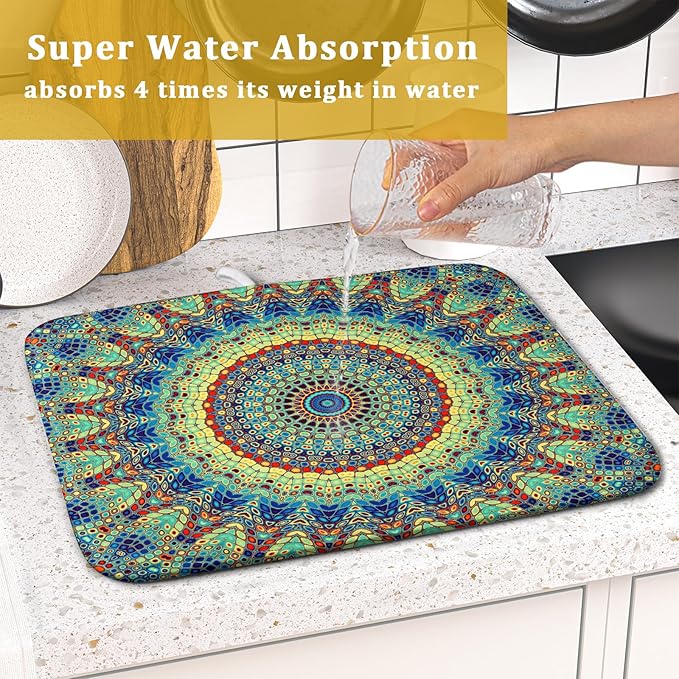 Bohemian Dish Drying Mats for Kitchen Counter 16×18 Inch Boho Mandala Ethnic Small Microfiber Drying Mat Kitchen Accessories Dish Rack Mat Drainer Pad Washable Absorbent