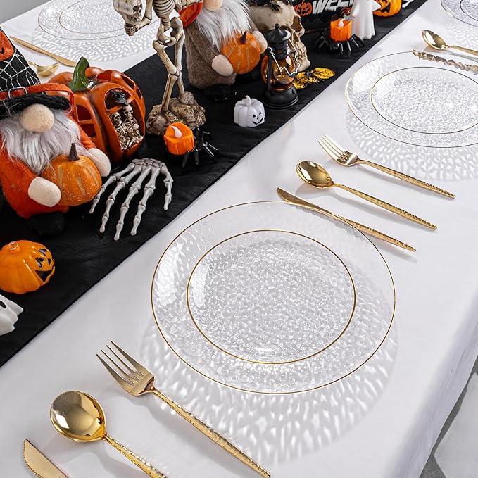 SUT 100Pcs Clear Plastic Plates, Hammered Plates Disposable Heavy Duty, Clear Disposable Plates With Gold Rim, Fancy Plastic plates Include 50 Dinner and 50 Dessert plates for Wedding