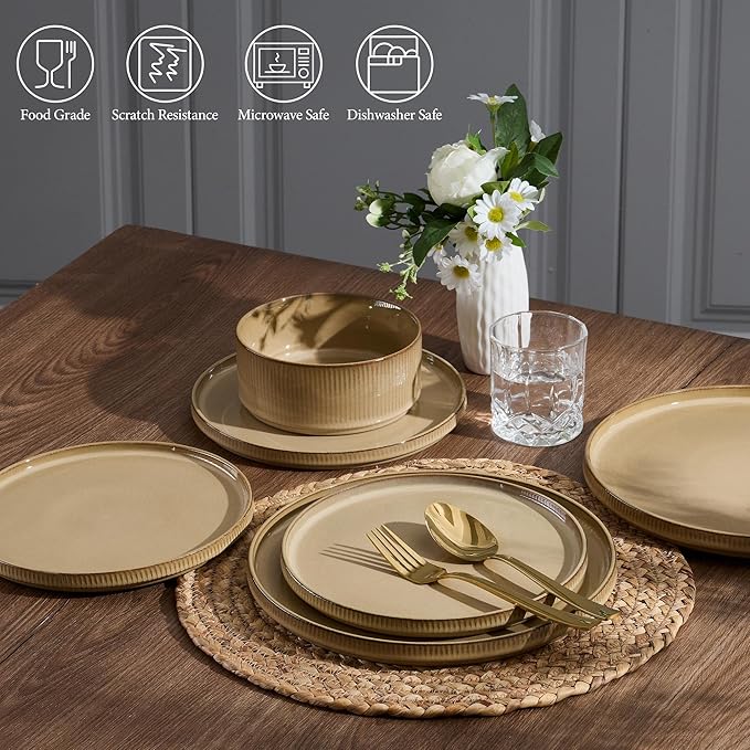 E-far 16 Piece Dinnerware Sets, Plates and Bowls with Pasta Bowls Service for 4, Modern Stoneware Ribbed Dishes for Kitchen Dining, Microwave & Dishwasher Safe, Caramel Khaki