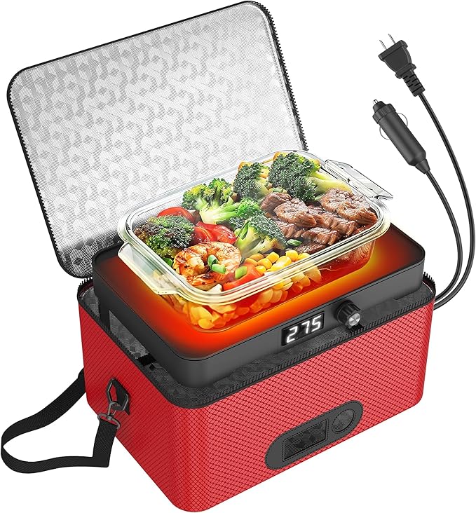 Portable Oven, 12V 24V 110V-240V Car Food Warmer Portable Personal Mini Oven Electric Heated Lunch Box for Meals Reheating & Raw Food Cooking for Road Trip/Camping/Picnic/Family Gathering(Red)