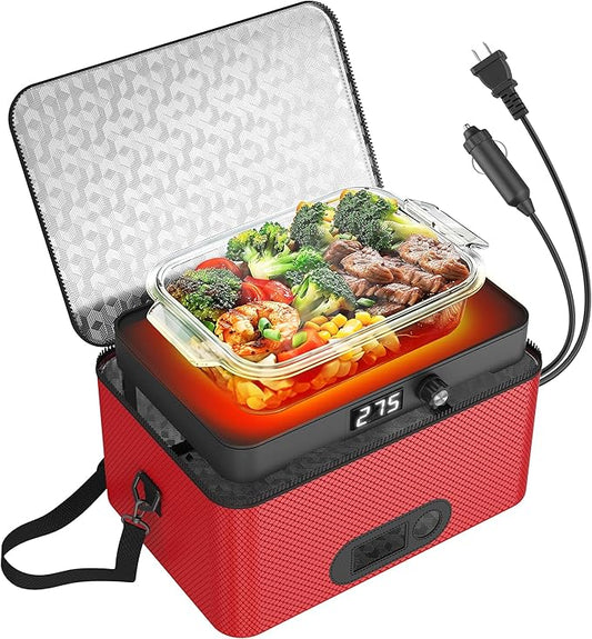 Portable Oven, 12V 24V 110V-240V Car Food Warmer Portable Personal Mini Oven Electric Heated Lunch Box for Meals Reheating & Raw Food Cooking for Road Trip/Camping/Picnic/Family Gathering(Red)