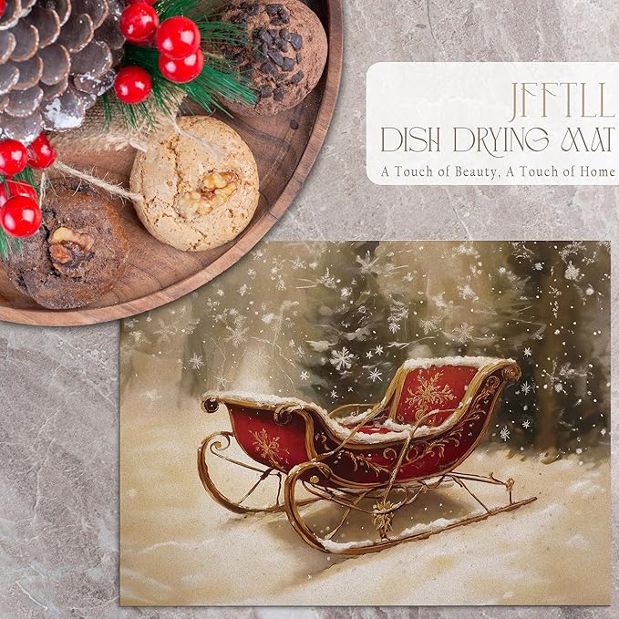 Winter Christmas Sleigh Dish Drying Mat, Vintage Xmas Holiday Absorbent Dish Drainer Reusable Washable Drying Mat Pad for Kitchen Counter, Rustic Christmas Decor, 12×15 Inch