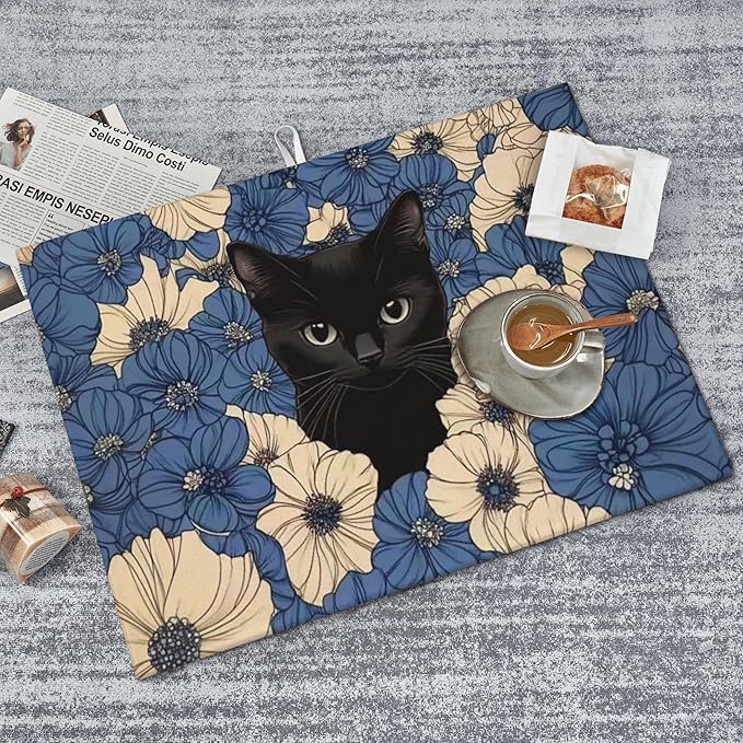 Black Cat Dish Drying Mat for Kitchen Counter Microfiber Super Absorbent Non-Slip Dish Drying Pad for Countertops Dishes Utensils Stylish Quick-Dry Machine Washable 18x24 Inch