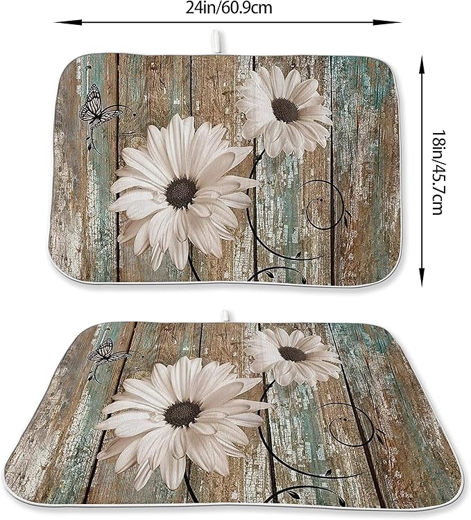 Rustic Daisy Dish Drying Mats 18x24 Inch Vintage Sunflowers on Wooden Board Drying Mats Seasonal Outdoor Farmhouse Decor Coffee Bar Mat Fast Drying for Kitchen Dining Room Decorative