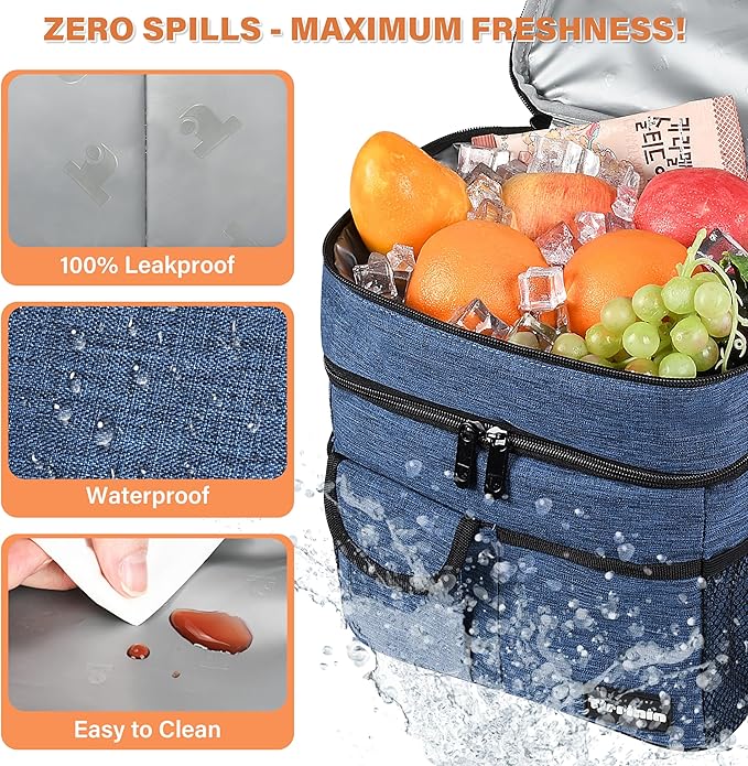 Tirrinia Large Insulated Lunch Box for Women Men, Double-Layer Leak-Proof Reusable Lunch Bag with 4 Pockets for Adult, Lunch Bag Cooler Tote for Office Work and Travel,Dark Blue