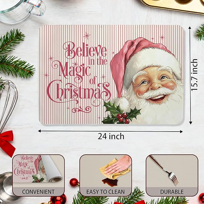 Pink Christmas Santa Dish Drying Mat, Preppy Xmas Coffee Bar Mat for Countertops, Believe in the Magic of Christmas Absorbent Dish Drying Mats for Kitchen Counter Coffee Maker, 16x24 Inch