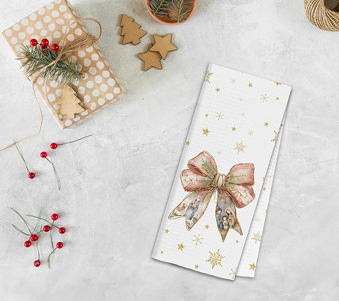 Christian Christmas Nativity Kitchen Towels, Religious Jesus Xmas Dish Tea Towels for Kitchen, Gold and Pink Coquette Bow Christmas Decorative Hand Towel for Bathroom, 16x24 Inch