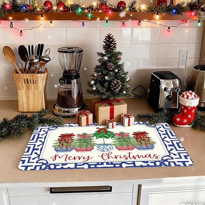 Chinoiserie Merry Christmas Tree Dish Drying Mat, Red Bow Xmas Tree Coffee Bar Mat for Countertops, Grandmillennial Xmas Absorbent Dish Drying Mats for Kitchen Counter Coffee Maker, 16x24 Inch