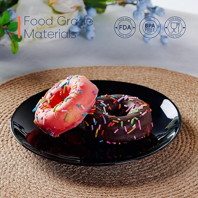 7.5 inch Appetizer Plate Set of 6, Lightweight Opal Glass Round Black Salad Plates for Dessert Kitchen, Dishwasher and Microwave Safe