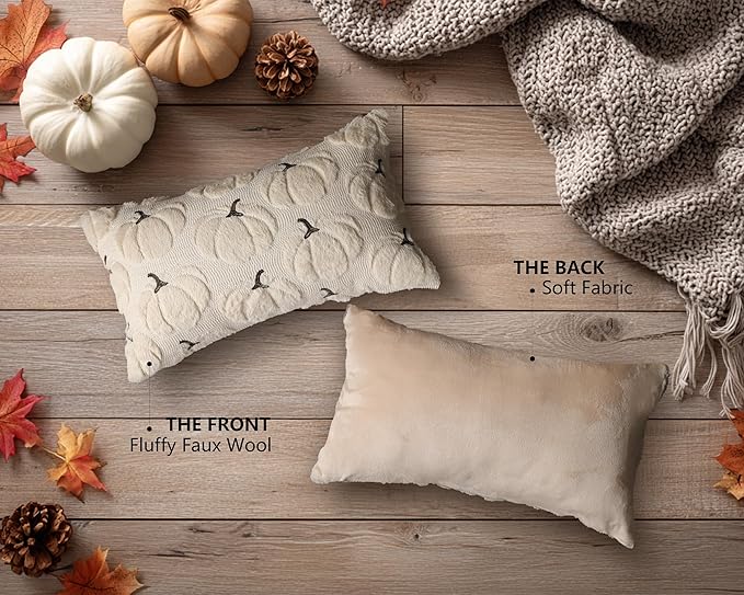 4TH Emotion Fall Pumpkins Decorative Lumbar Pillow Covers 12x20 Set of 2, Beige Soft Plush Faux Fur Wool Farmhouse Throw Cushion Cases for Autumn Thanksgiving Holiday Home Decorations