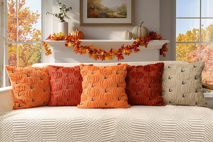 4TH Emotion Fall Pumpkin Decorative Pillow Covers 20x20 Set of 2, Beige Soft Plush Faux Fur Wool Farmhouse Throw Cushion Cases for Autumn Thanksgiving Holiday Home Decorations
