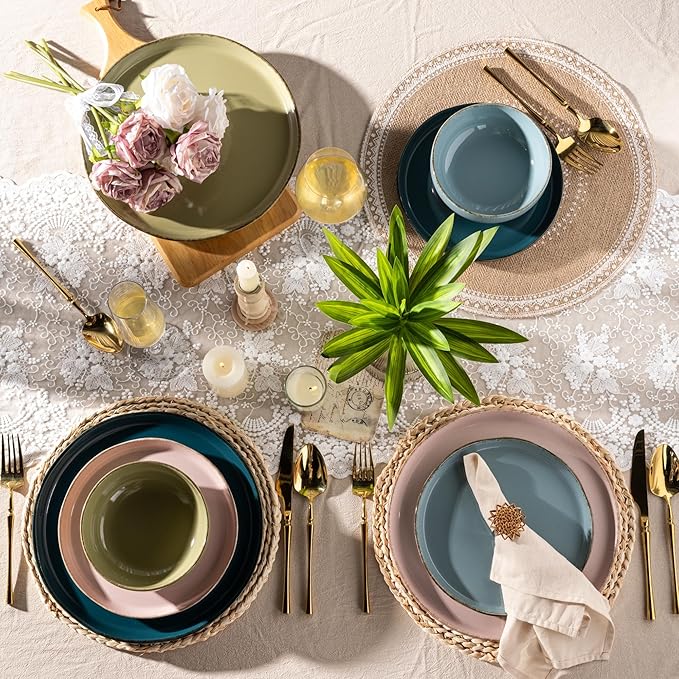 AmorArc Ceramic Dinnerware Sets for 4, 12 Pieces Handpainted Plates and Bowls Set with Rustic Terracotta Underside, Scratch Resistant Stoneware Dishes Set, Dishwasher & Microwave Safe, Multi-Color