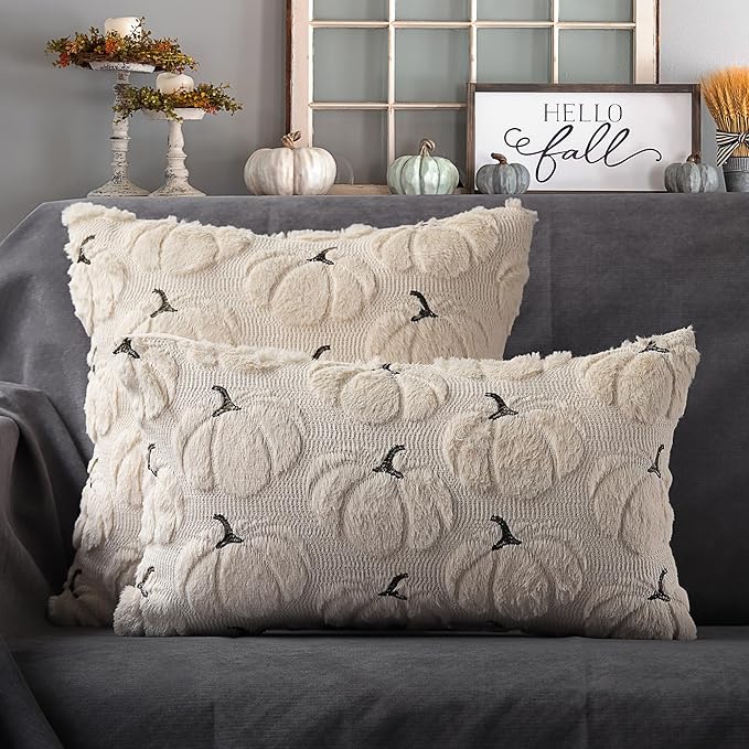 4TH Emotion Fall Pumpkins Decorative Pillow Covers 18"x18" Set of 2, Beige Soft Plush Faux Fur Throw Cushion Cases for Autumn Thanksgiving Holiday Home Decorations