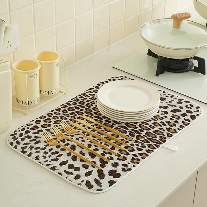 Brown Leopard Print Drying Mat 18x24 Inches For Kitchen Counter Boho Animal Skin Cheetah Print Kitchen Decoration Drying Mat Decorative Boho Pad for Kitchen Dining Room,Office Decor