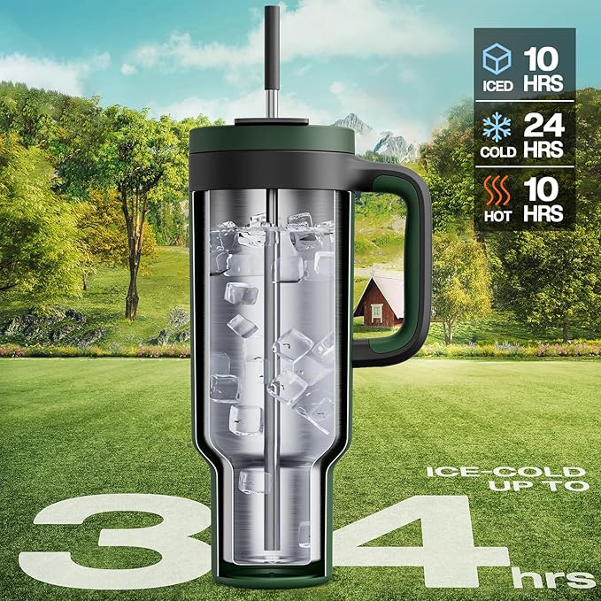 50 oz Tumbler with Handle, 2-in-1 Straw and Sip Lid, Leakproof, Dishwasher Safe, Insulated Stainless Steel Travel Coffee Mug, Keeps Cold for 34 Hours, Fits in Car Cup Holder (Forest)