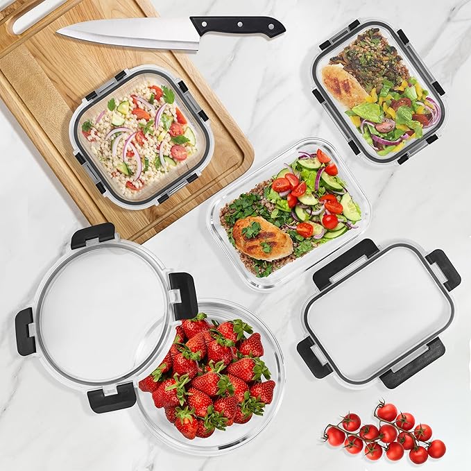 Sorbus 16pc Glass Meal Prep Containers Set – 8 Round 32oz Containers with Airtight Lids – Freezer, Dishwasher, Oven Safe – Reusable Food Storage Bowls, 4 Cup Capacity for Meal Prep and Storage