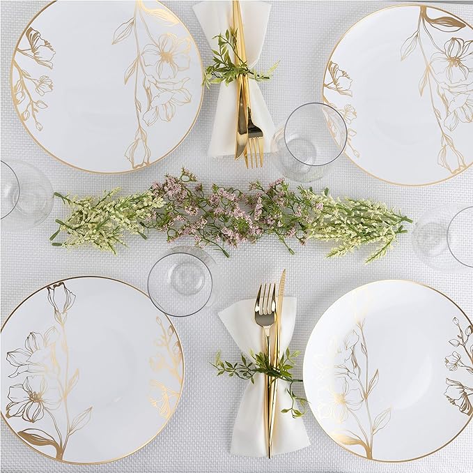 [7'' Plates 10 Count] White Plastic Floral Design Party Plates With Gold Rim Premium heavyweight Elegant Disposable Tableware Dishes