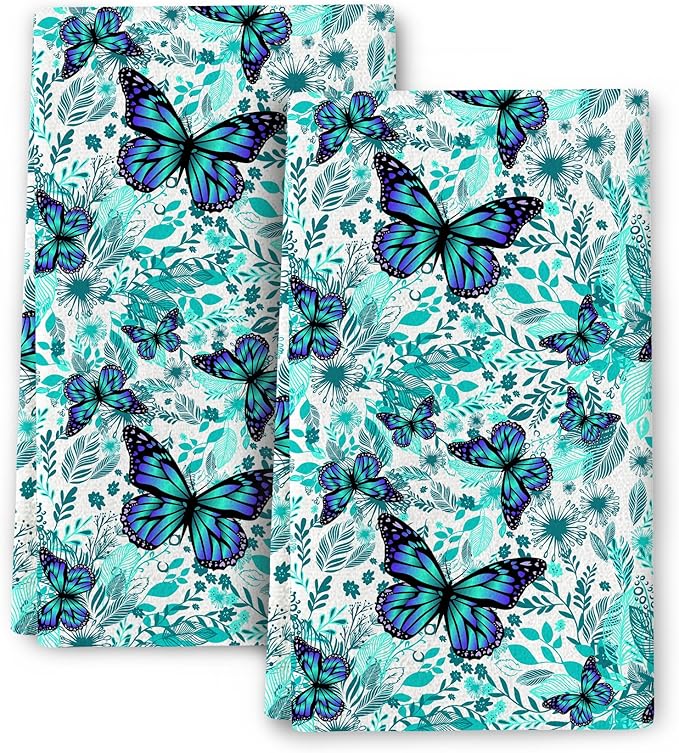 Butterfly Green Kitchen Towels Decorative Set of 2, Soft Absorbent Botanic Dish Towels for Kitchen, Bar Tea Towels Hand Towels for Bathroom Farmhouse Spring Summer Decor