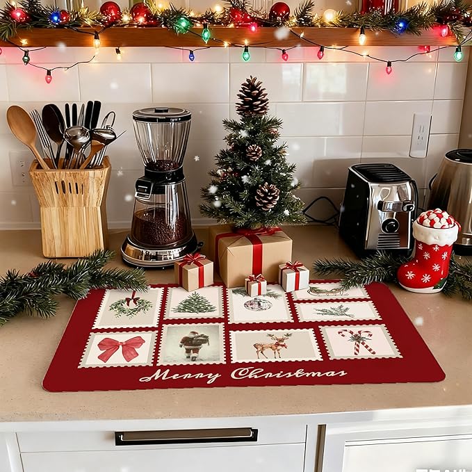 Vintage Red Christmas Dish Drying Mat, Christmas Tree Santa Reindeer Disco Coffee Bar Mat for Countertops, Merry Xmas Absorbent Dish Drying Mats for Kitchen Counter Coffee Maker, 16x24 Inch