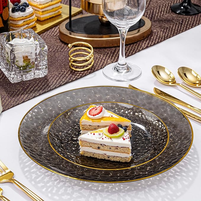 SUT 100Pcs Black Plastic Plates, Hammered Plates Disposable Heavy Duty, Black Disposable Plates With Gold Rim, Fancy Plastic plates Include 50 Dinner and 50 Dessert plates for Wedding