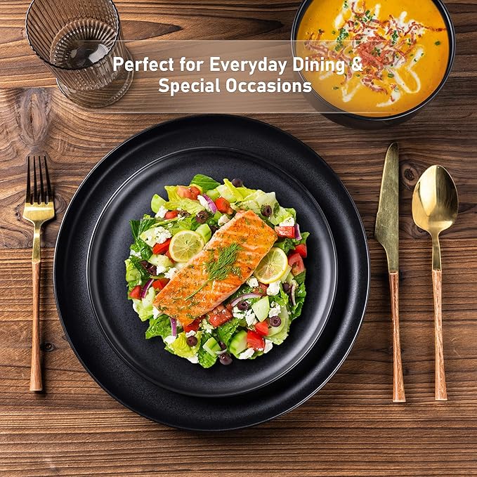 LERATIO Stoneware Dinnerware Sets for 4,Handcarft Ceramic Plates and Bowls Sets,Chip and Scratch Resistant Dishes, Dishwasher & Microwave Safe, Oven safe,Reactive Glaz-Black