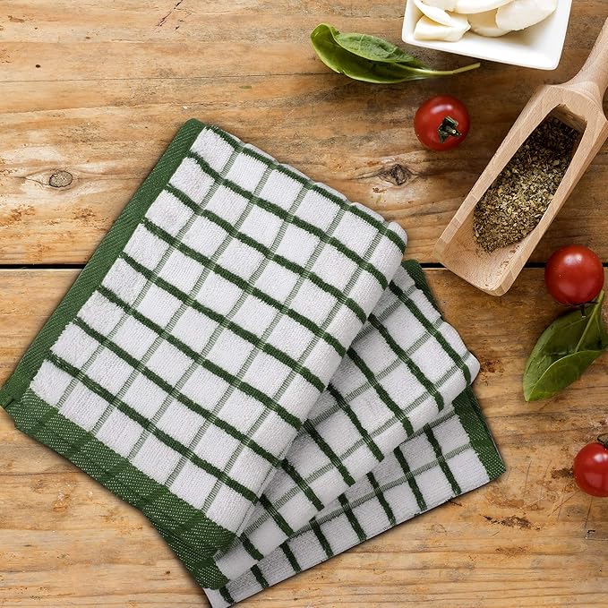 Urban Villa Kitchen Towels Green/White Set of 3 Terry Kitchen Towels 100% Cotton Ultra Soft Size 20X30 Inches Highly Absorbent Over Sized KitchenTowels with Hanging Loop KitchenTowels