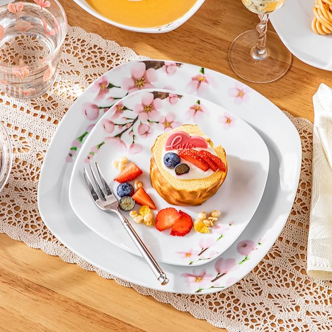 VEWEET Porcelain Dinnerware Set with Pink Floral, 12 PCS Including Dinner Plates, Dessert Plates and Cereal Bowls, Series Annie