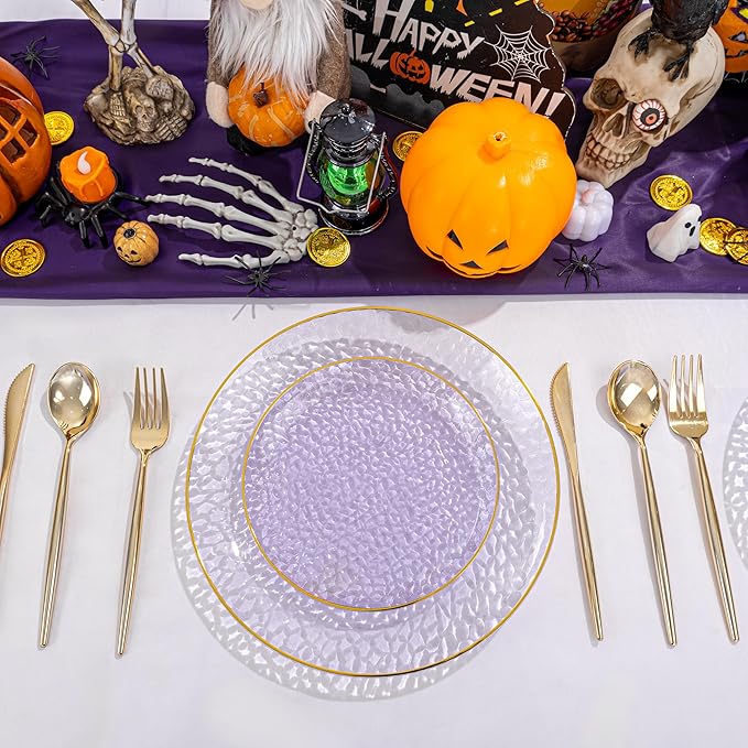 SUT 36Pcs Purple Plastic Plates, Hammered Plates Disposable Heavy Duty, Purple Disposable Plates With Gold Rim, Fancy Plastic plates Include 18 Dinner and 18 Dessert plates for Wedding
