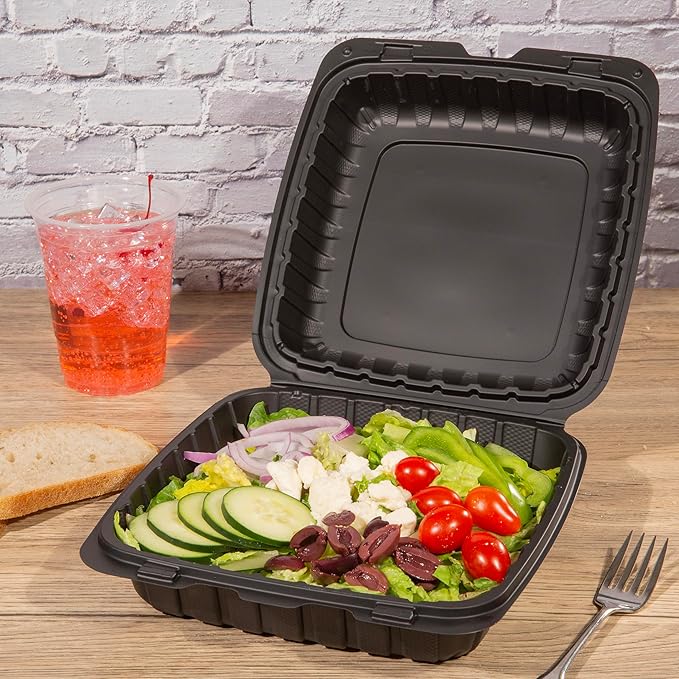 CIAO! 9"x9"x3" MFPP Black Hinged Container With Lid 1 Compartment (Case of 150)