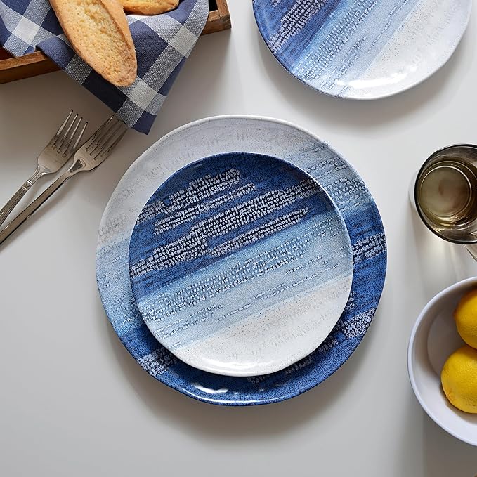 12 Piece Melamine Dishes Set for 4, Unbreakable Plates and Bowls Sets for Camping, Lightweight dinnerware set, Kind to kids, Dishwasher Safe, Ideal for RV, Sky Blue and White Retro