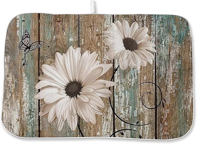 Rustic Daisy Dish Drying Mats 18x24 Inch Vintage Sunflowers on Wooden Board Drying Mats Seasonal Outdoor Farmhouse Decor Coffee Bar Mat Fast Drying for Kitchen Dining Room Decorative