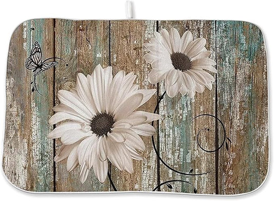 Rustic Daisy Dish Drying Mats 18x24 Inch Vintage Sunflowers on Wooden Board Drying Mats Seasonal Outdoor Farmhouse Decor Coffee Bar Mat Fast Drying for Kitchen Dining Room Decorative