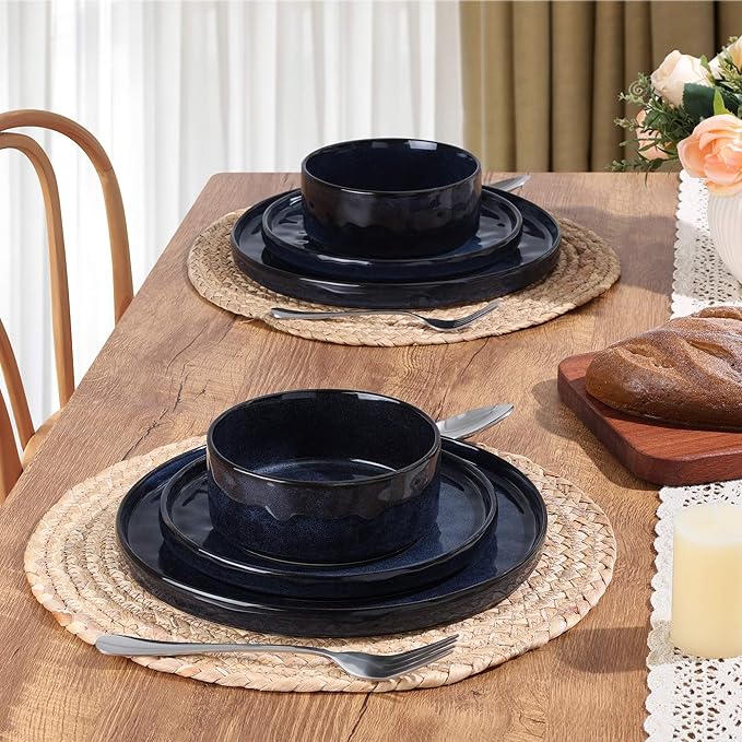 LIANYU 24 Pcs Plates and Bowls Sets for 8, Stoneware Dinnerware Dish Set, Dinner Dishware for Dessert Salad Pasta, Microwave & Dishwasher Safe, Cetacean Blue